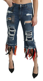 Dolce & Gabbana Blue Feathers Low Waist Cropped Cotton Jeans - Zeiniez