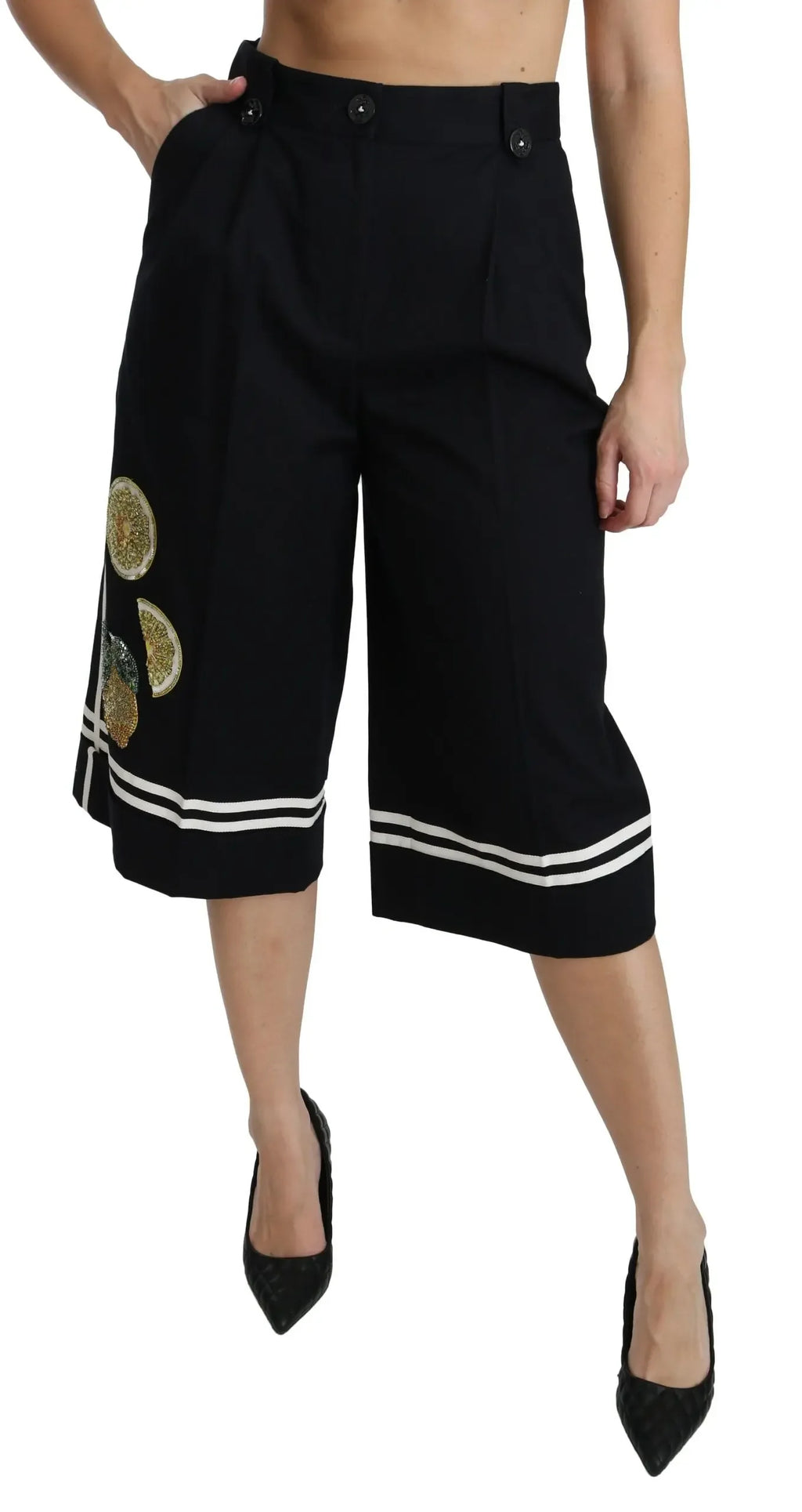 Dolce & Gabbana Black Lemon Embellished Palazzo Cropped Pants - Zeiniez