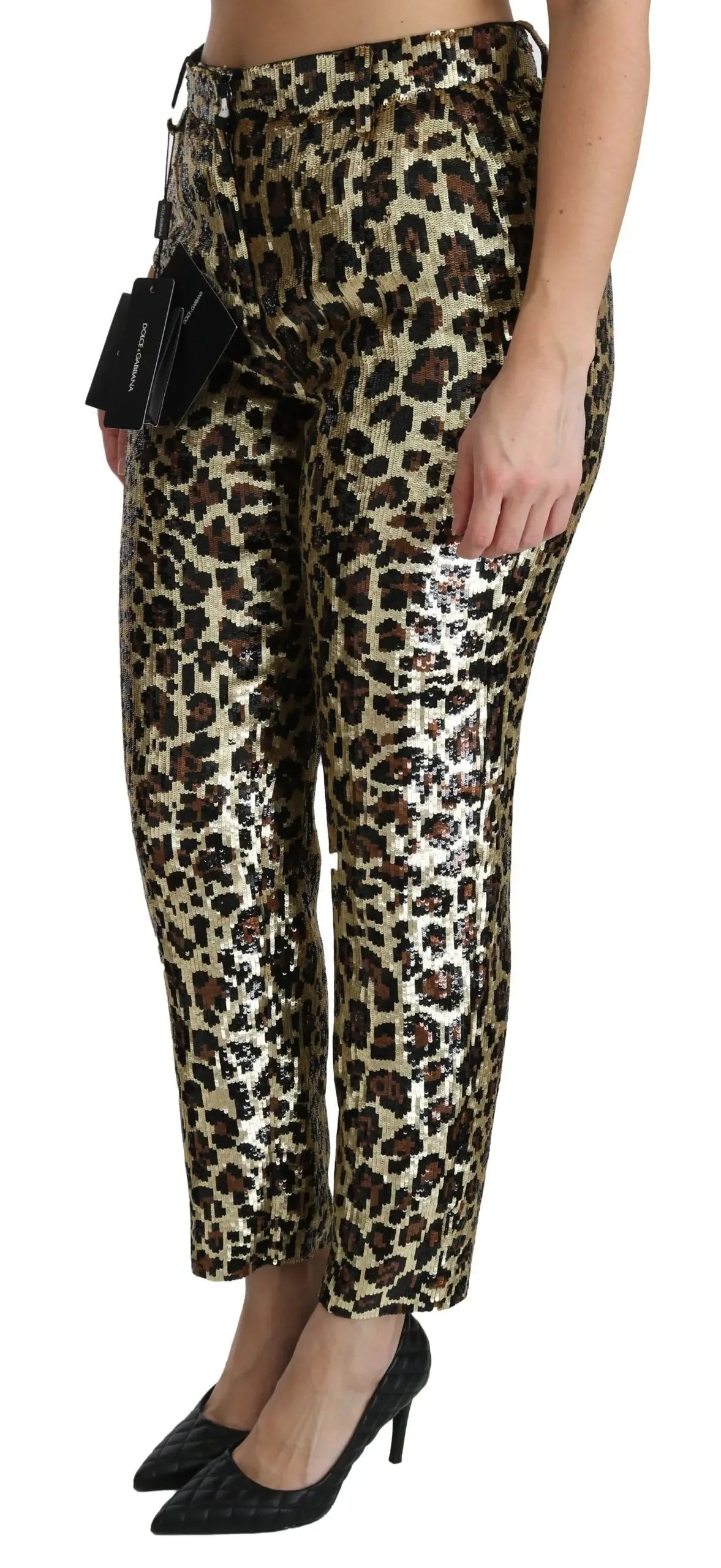 Dolce & Gabbana Brown Leopard Sequined High Waist Pants - Zeiniez