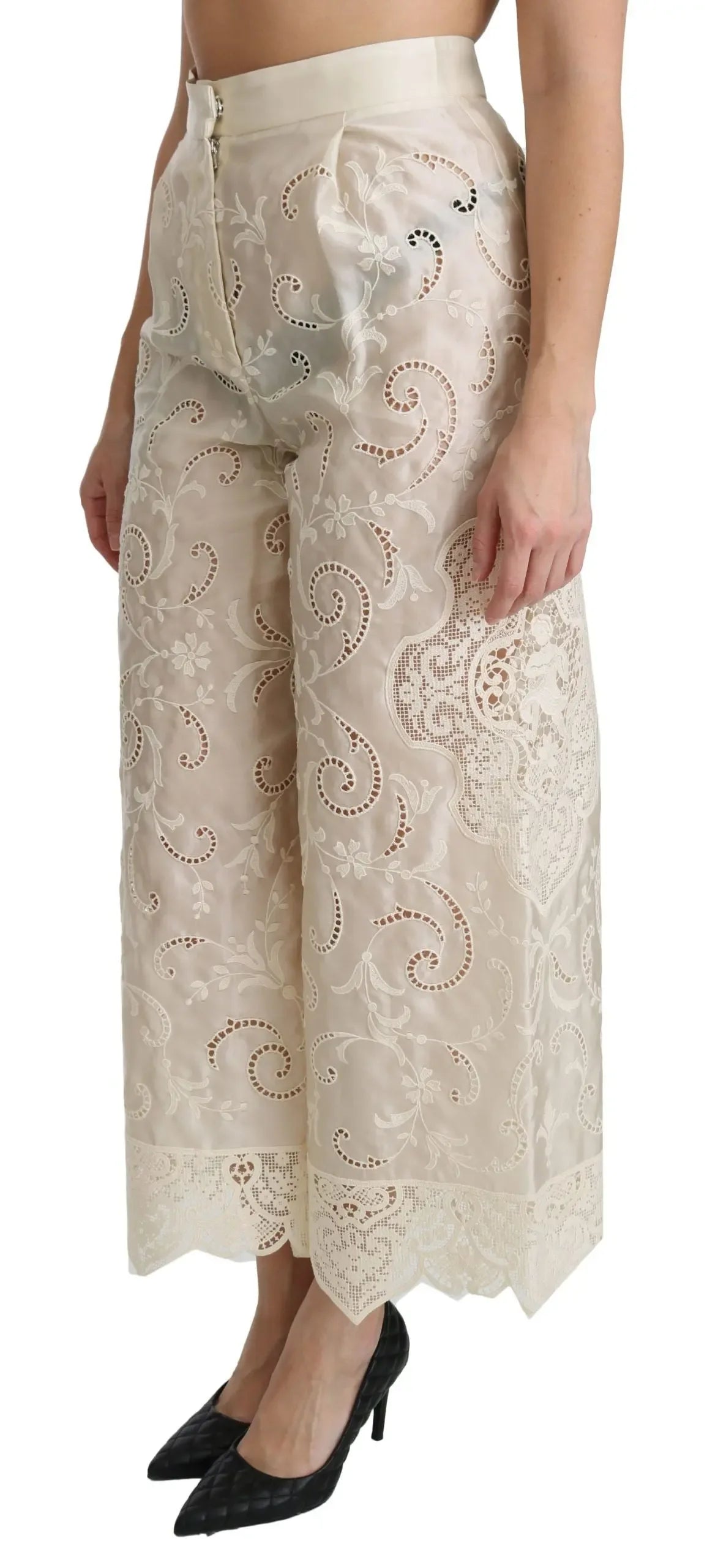 Dolce & Gabbana Cream Lace High Waist Palazzo Cropped Pants - Zeiniez