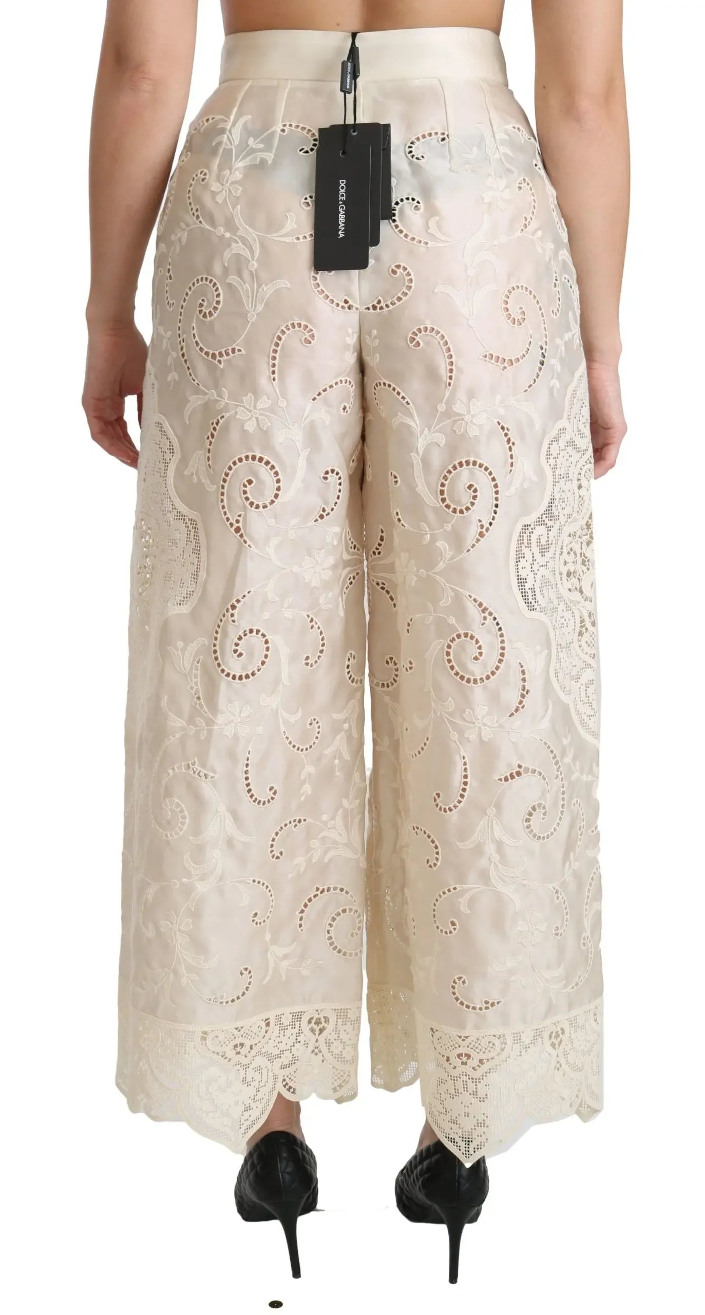 Dolce & Gabbana Cream Lace High Waist Palazzo Cropped Pants - Zeiniez