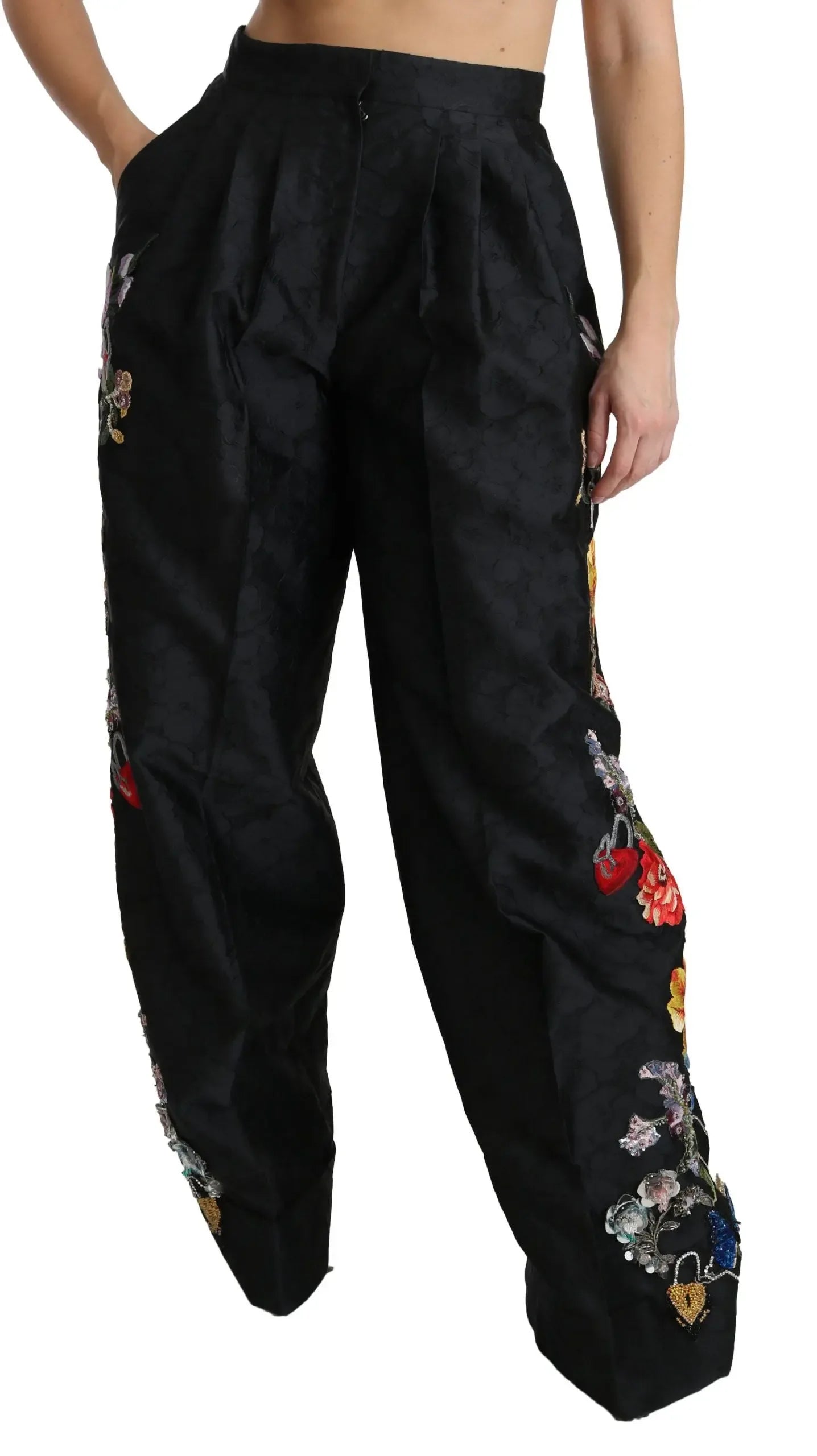 Dolce & Gabbana Black Brocade Floral Sequined Beaded Pants - Zeiniez