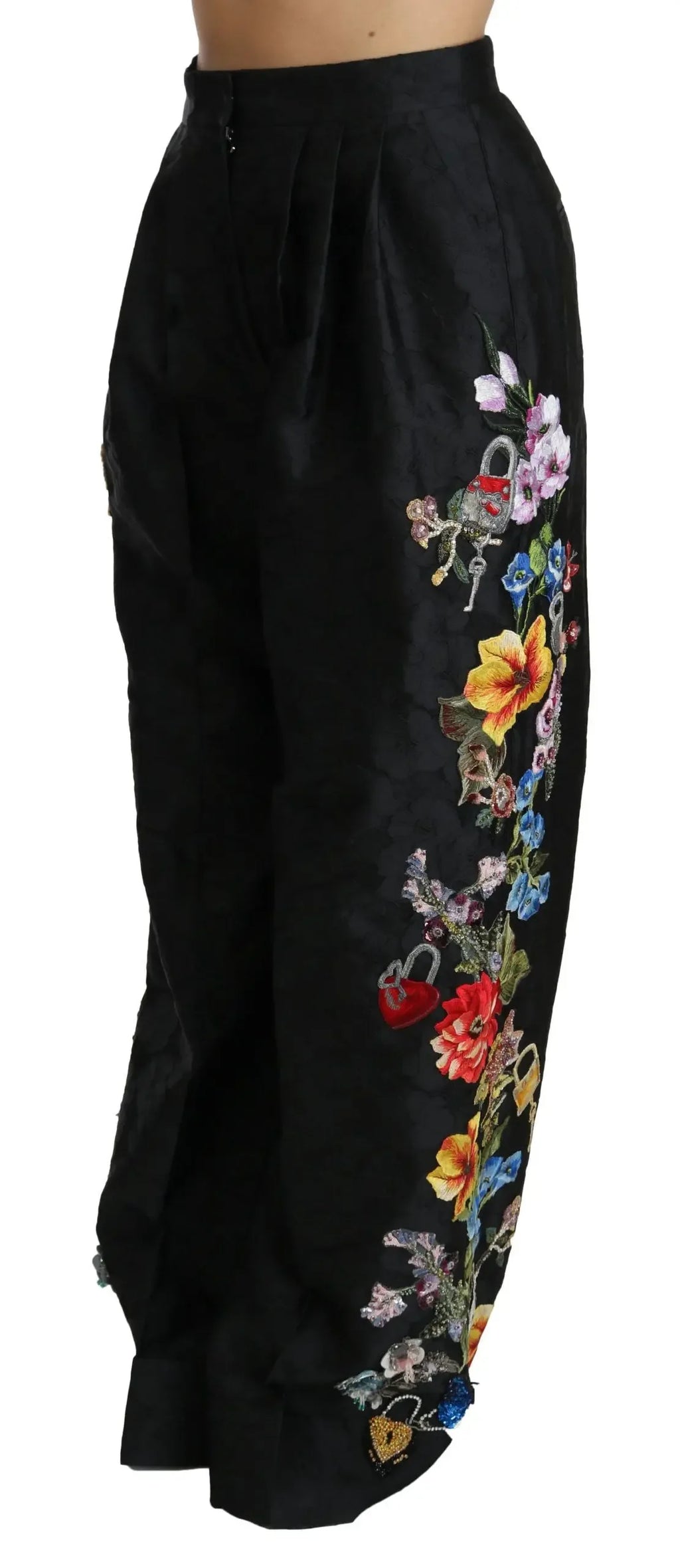 Dolce & Gabbana Black Brocade Floral Sequined Beaded Pants - Zeiniez
