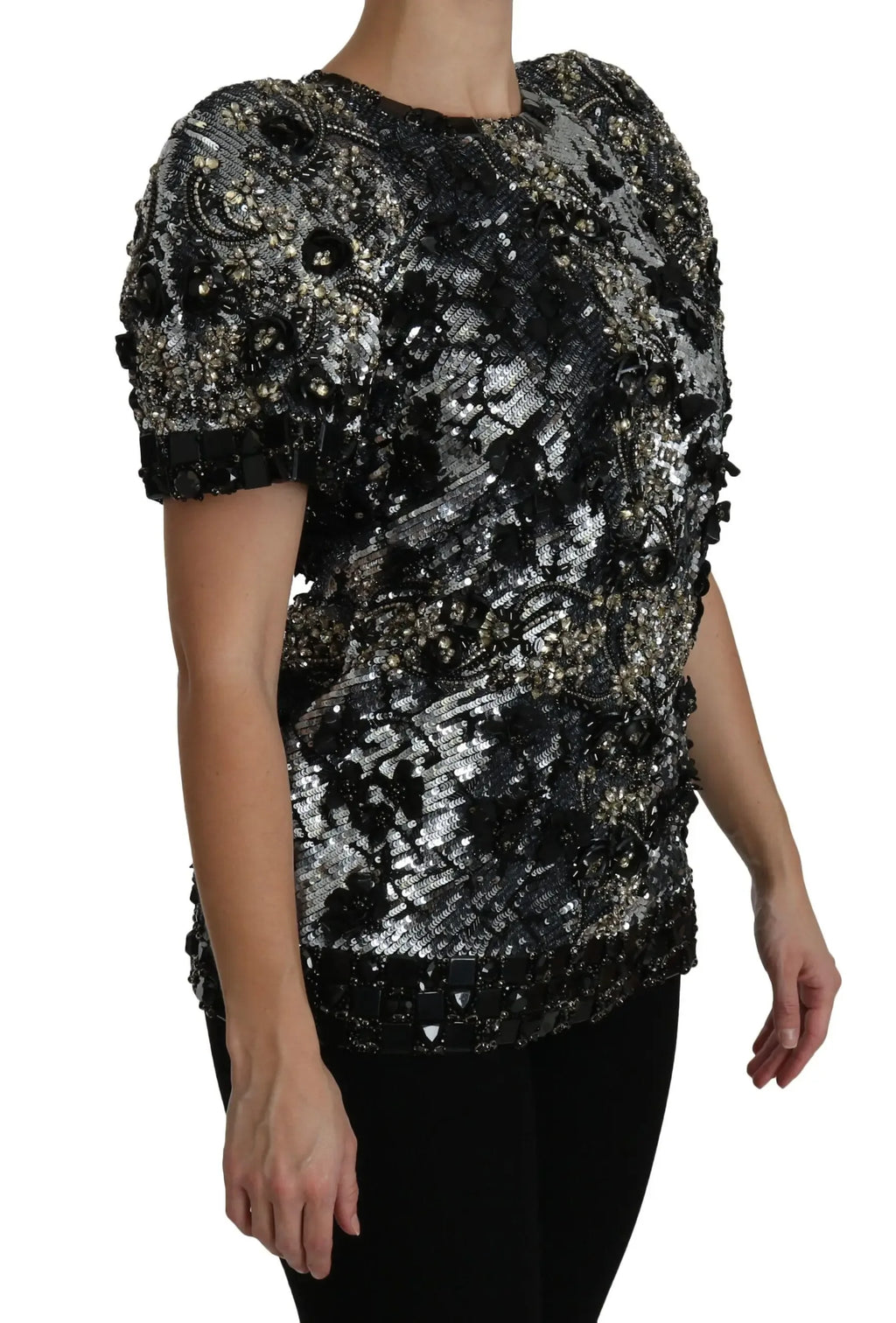 Dolce & Gabbana Black Sequined Crystal Embellished Top Blouse - Zeiniez