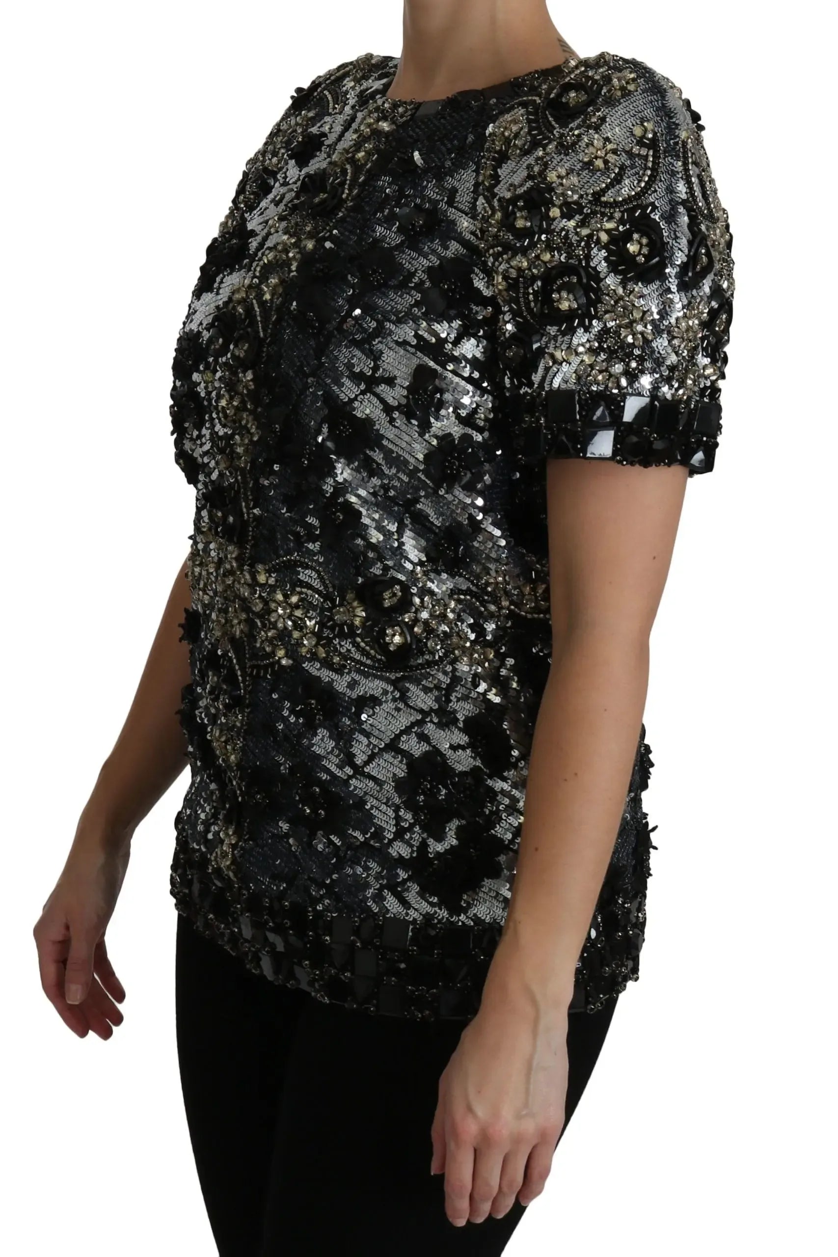 Dolce & Gabbana Black Sequined Crystal Embellished Top Blouse - Zeiniez