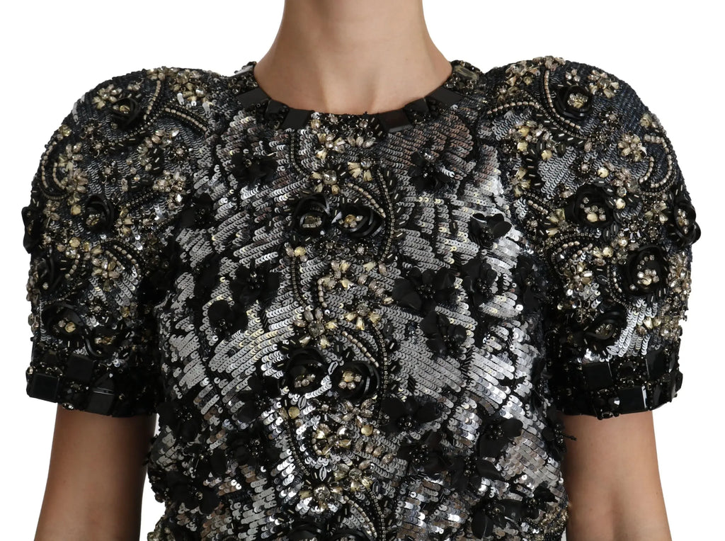 Dolce & Gabbana Black Sequined Crystal Embellished Top Blouse - Zeiniez