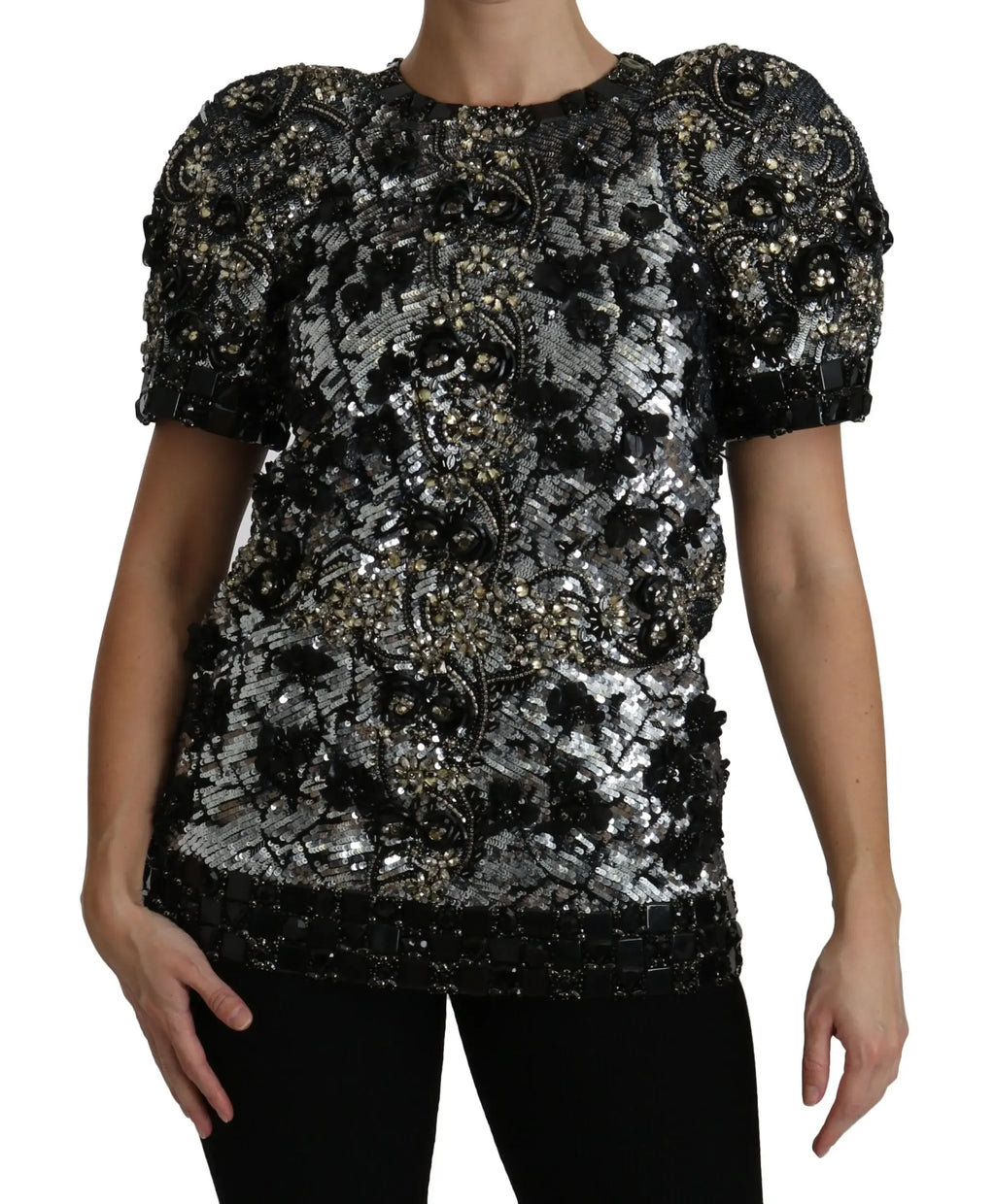 Dolce & Gabbana Black Sequined Crystal Embellished Top Blouse - Zeiniez