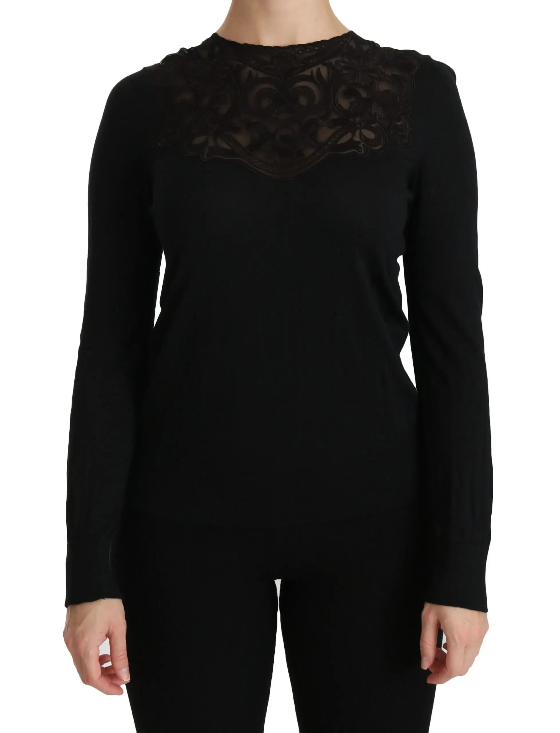 Dolce & Gabbana Black Silk Lace Crew Neck Long Sleeve Blouse - Zeiniez