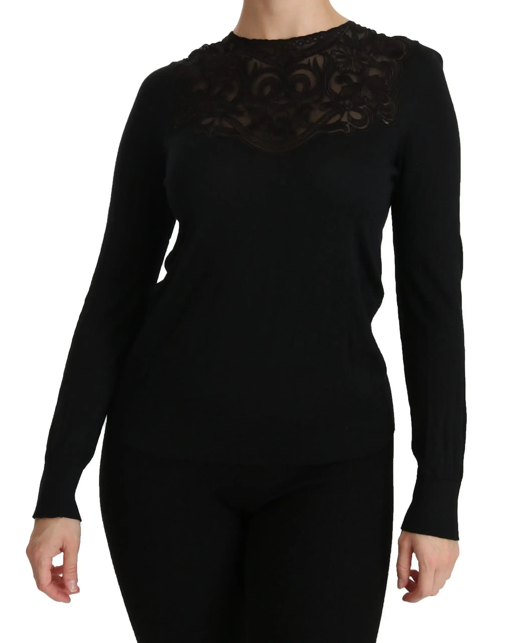 Dolce & Gabbana Black Silk Lace Crew Neck Long Sleeve Blouse - Zeiniez