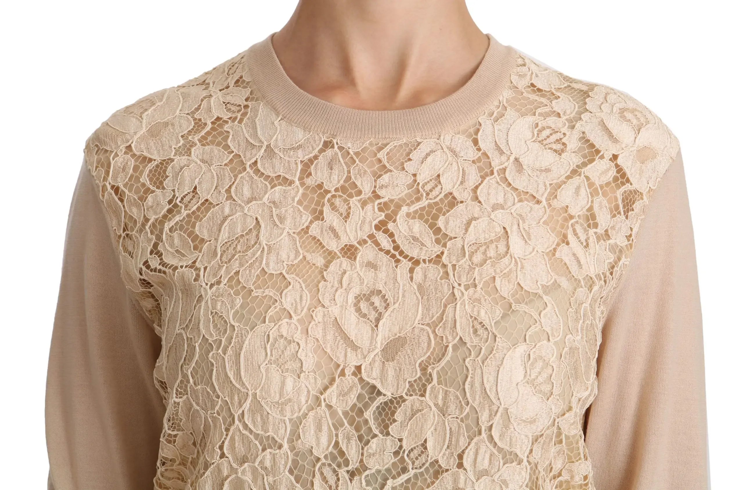 Dolce & Gabbana Beige Lace Long Sleeve Top Cashmere Blouse - Zeiniez
