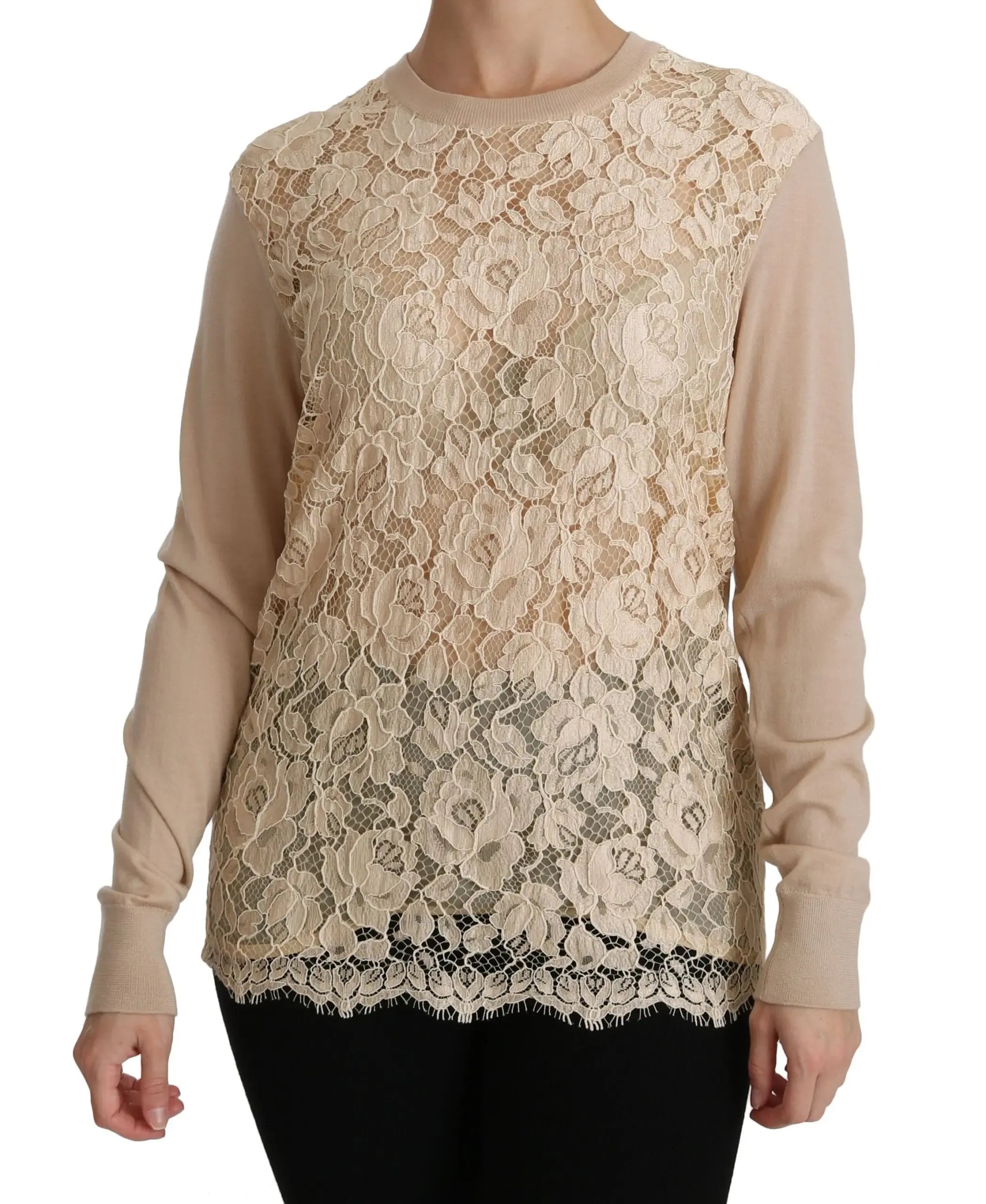 Dolce & Gabbana Beige Lace Long Sleeve Top Cashmere Blouse - Zeiniez