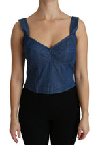 Dolce & Gabbana Blue Sleeveless Bustier Blouse Cotton Top - Zeiniez