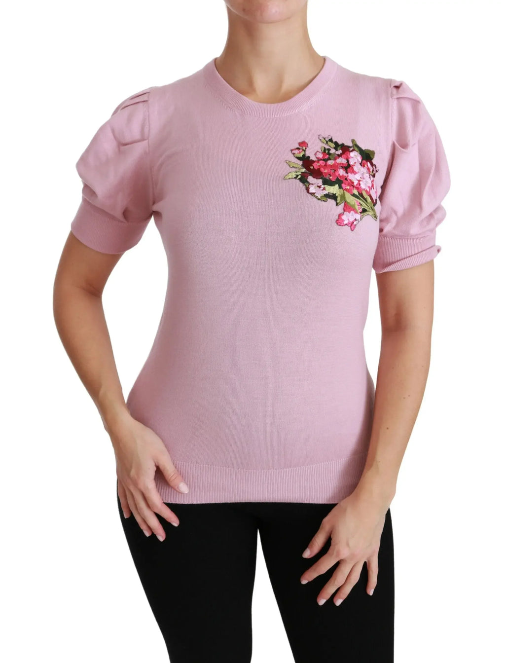 Dolce & Gabbana Pink Floral Embroidered Blouse Wool Top - Zeiniez
