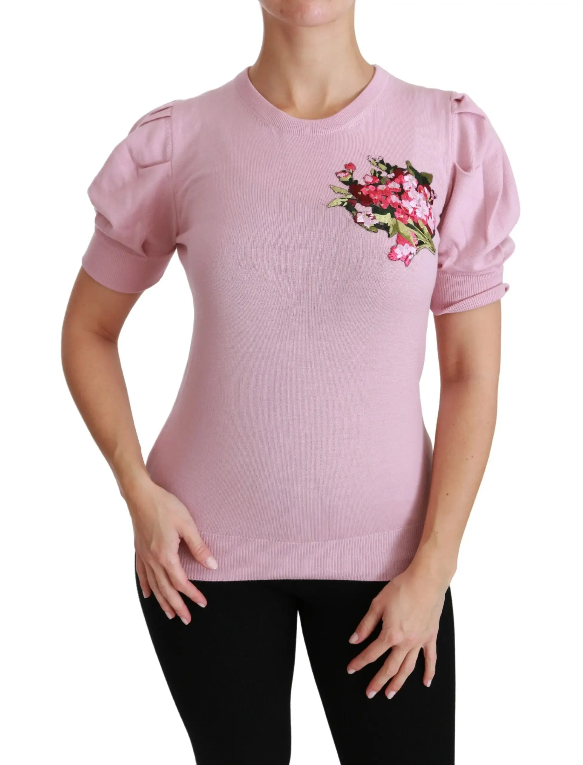 Dolce & Gabbana Pink Floral Embroidered Blouse Wool Top - Zeiniez