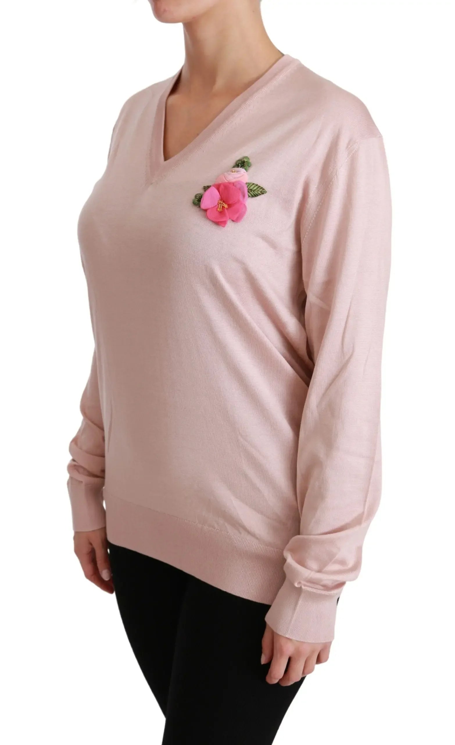 Dolce & Gabbana Pink Floral Embellished Pullover Silk Sweater - Zeiniez