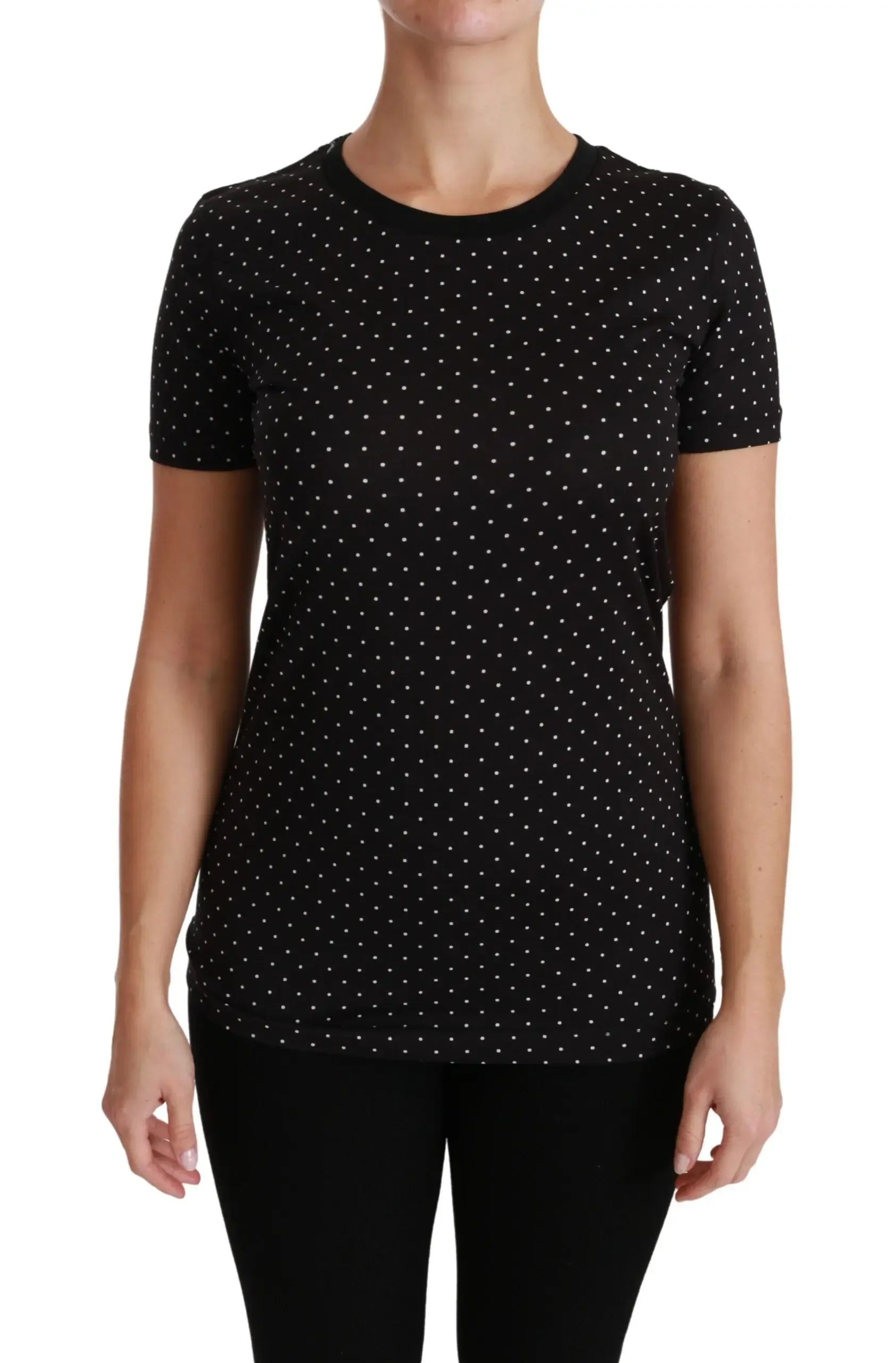 Dolce & Gabbana Black Dotted Crewneck Cotton Top T-shirt - Zeiniez