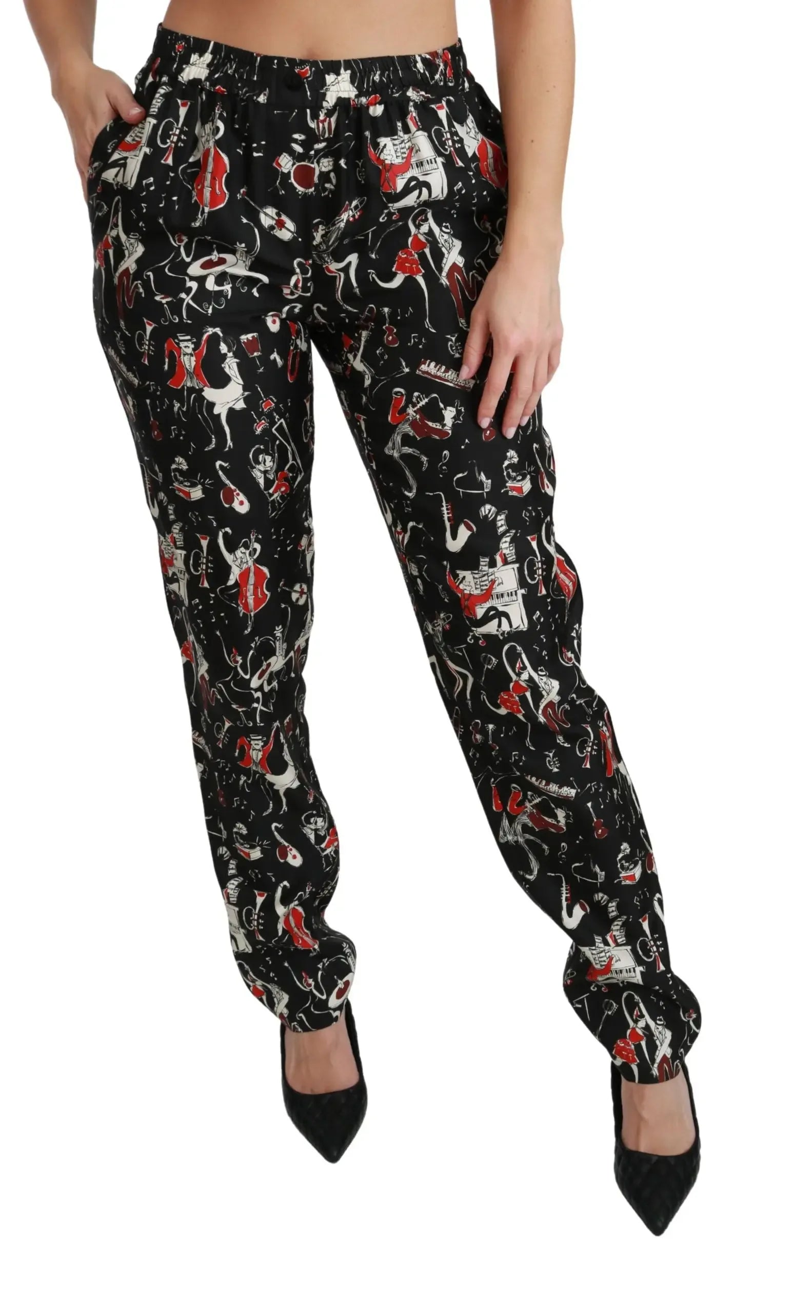 Dolce & Gabbana Black Silk Instrument Mid Waist Pants - Zeiniez