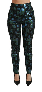 Dolce & Gabbana Blue Green Floral Metallic Slim Pants - Zeiniez
