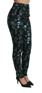 Dolce & Gabbana Blue Green Floral Metallic Slim Pants - Zeiniez