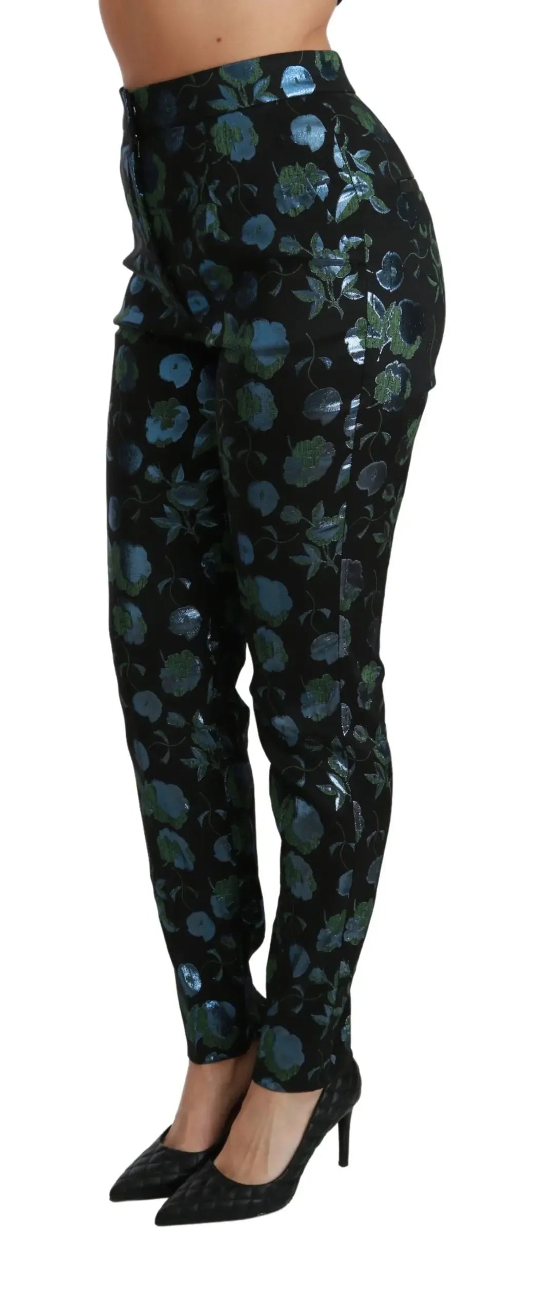 Dolce & Gabbana Blue Green Floral Metallic Slim Pants - Zeiniez