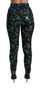 Dolce & Gabbana Blue Green Floral Metallic Slim Pants - Zeiniez