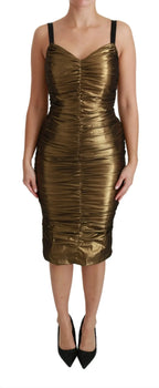 Dolce & Gabbana Gold Metallic Stretch Bodycon Ruched Dress - Zeiniez