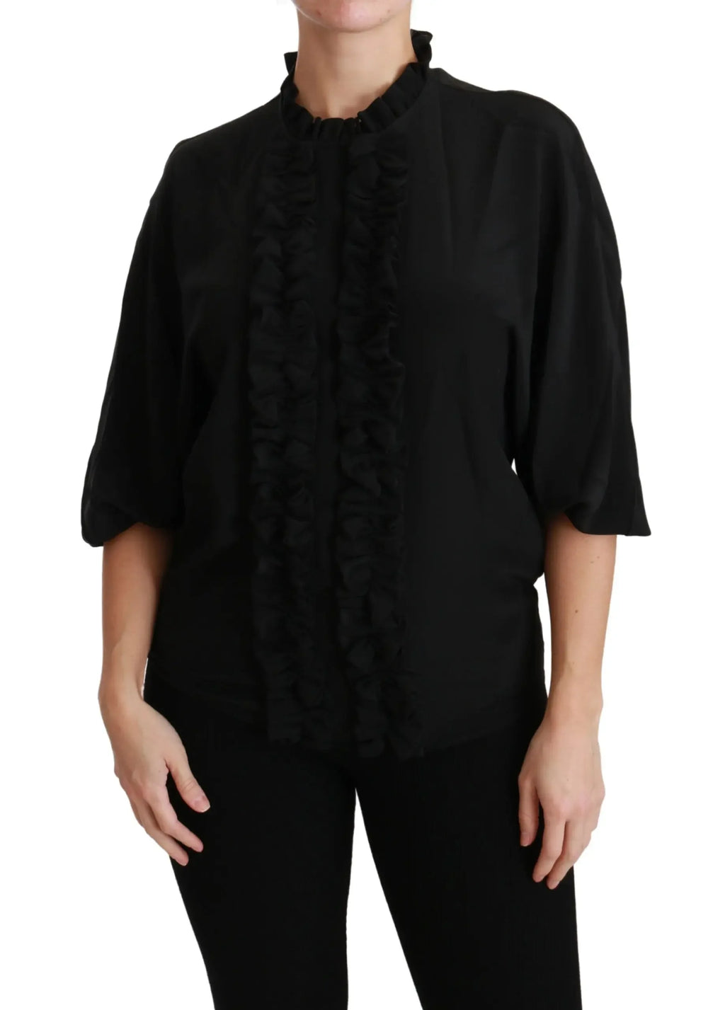 Dolce & Gabbana Black Silk Shirt Ruffled Top Blouse - Zeiniez