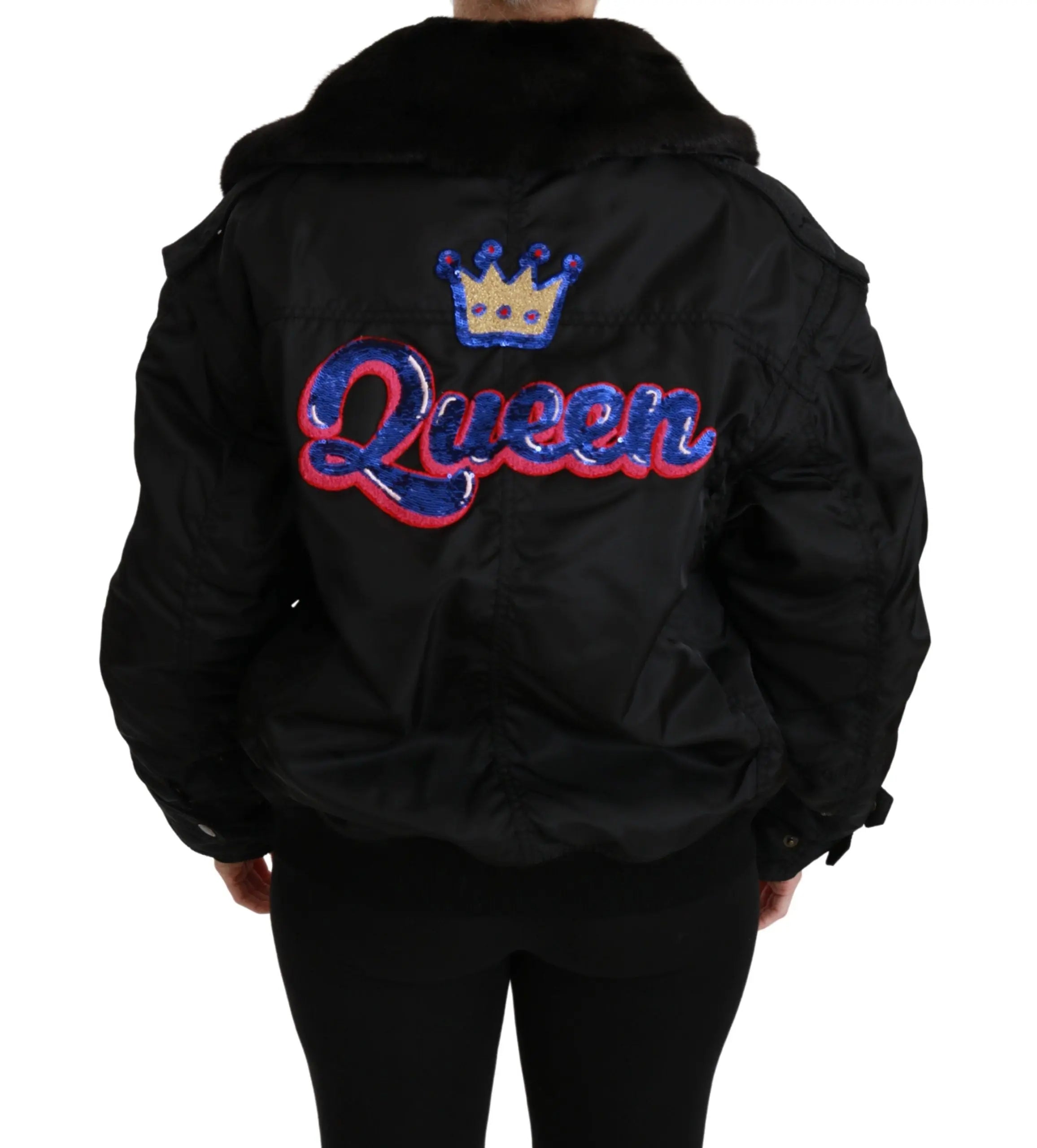 Dolce & Gabbana Black Queen Crown Sequined Bomber Jacket - Zeiniez