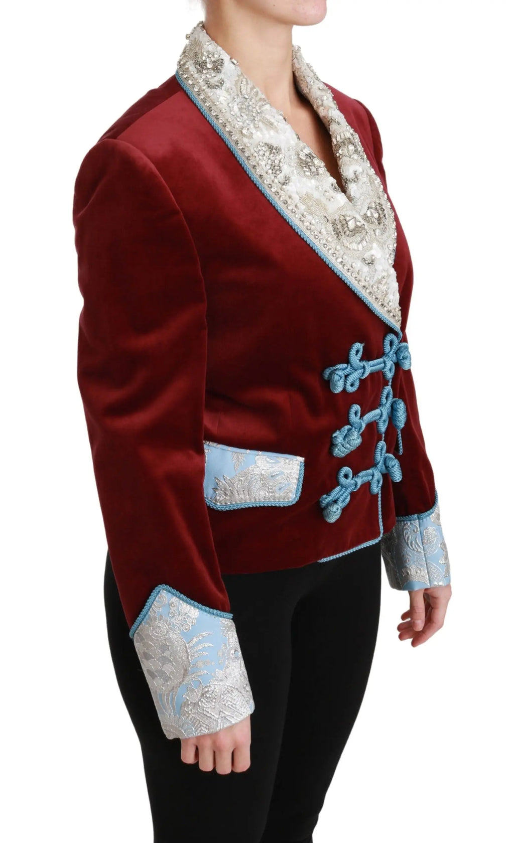 Dolce & Gabbana Red Velvet Baroque Crystal Blazer Jacket - Zeiniez
