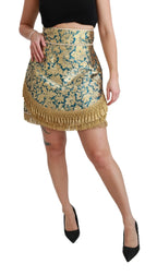 Dolce & Gabbana Blue High Waist Jacquard Tassel Gold Skirt - Zeiniez