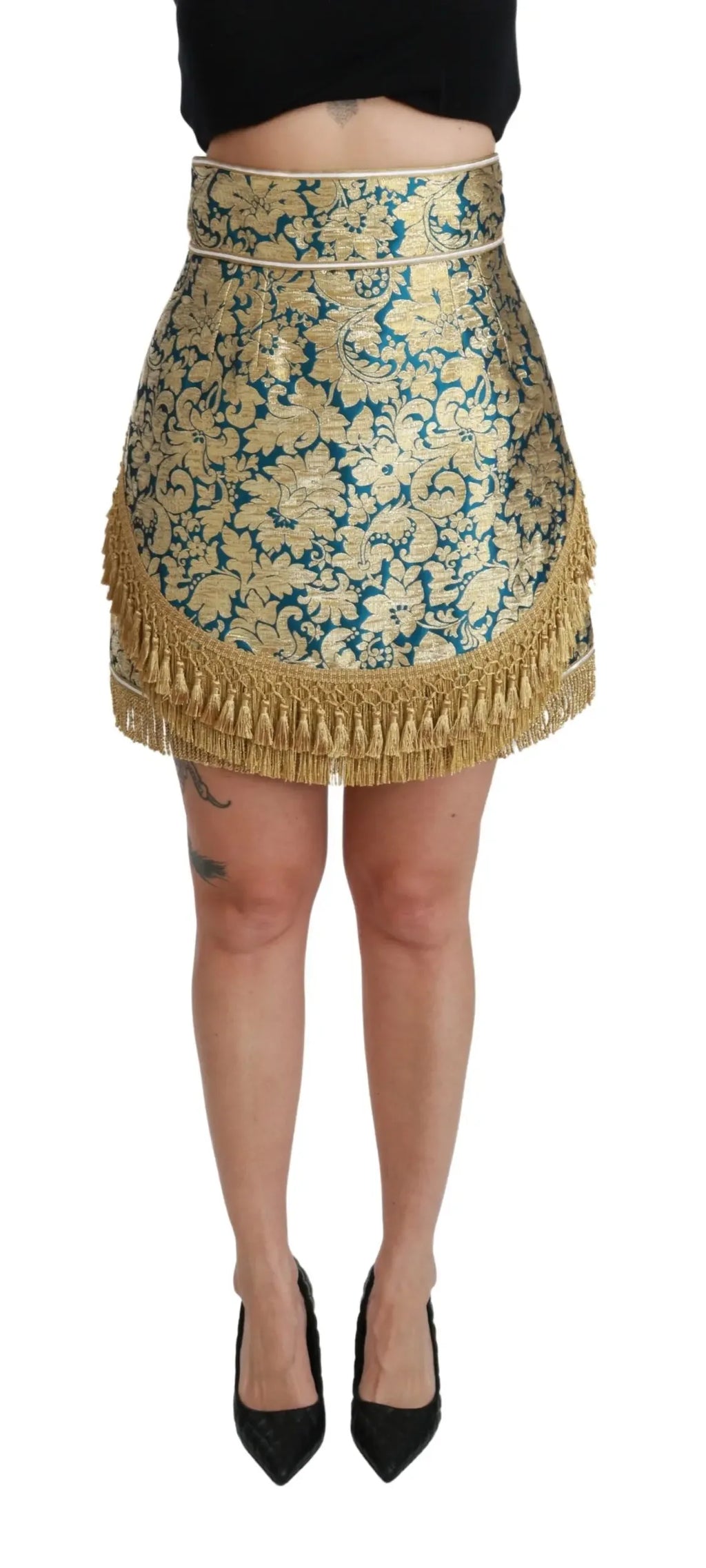 Dolce & Gabbana Blue High Waist Jacquard Tassel Gold Skirt - Zeiniez