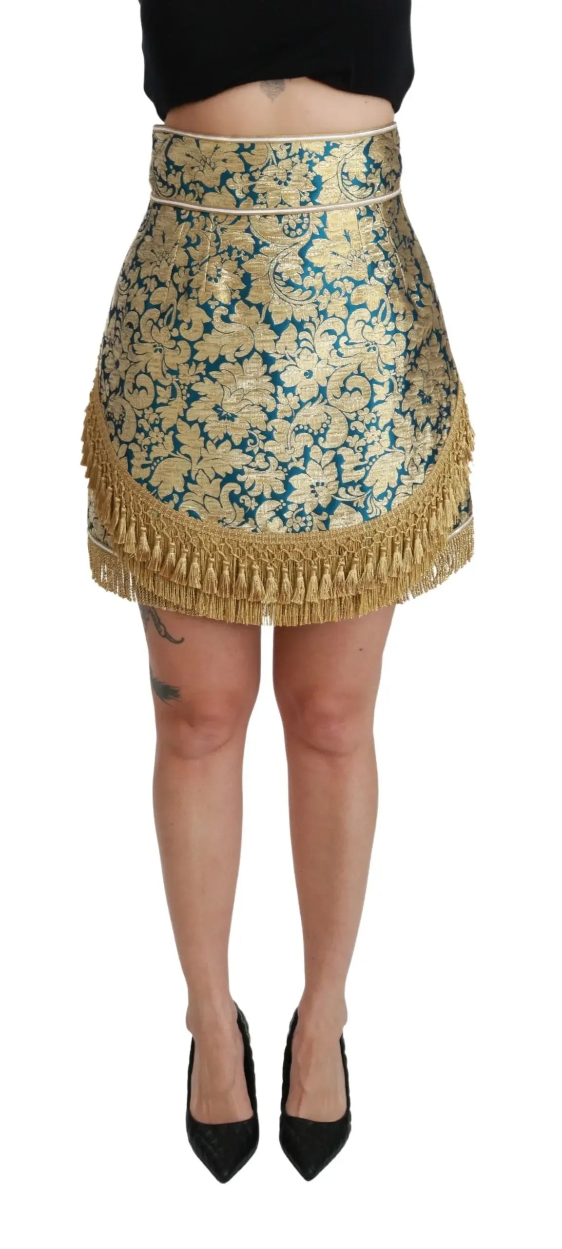 Dolce & Gabbana Blue High Waist Jacquard Tassel Gold Skirt - Zeiniez