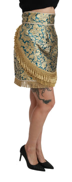 Dolce & Gabbana Blue High Waist Jacquard Tassel Gold Skirt - Zeiniez