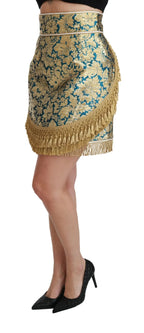 Dolce & Gabbana Blue High Waist Jacquard Tassel Gold Skirt - Zeiniez