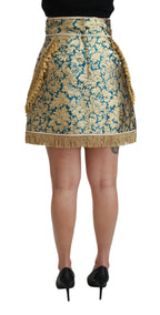 Dolce & Gabbana Blue High Waist Jacquard Tassel Gold Skirt - Zeiniez