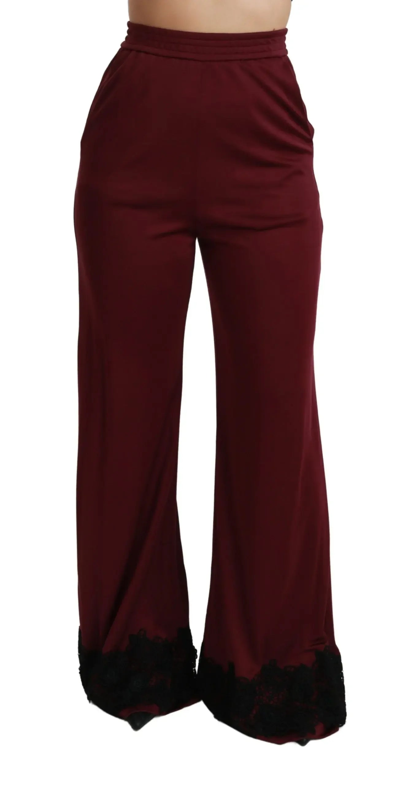 Dolce & Gabbana Black Lace High Waist Wide Leg Maroon Pants - Zeiniez