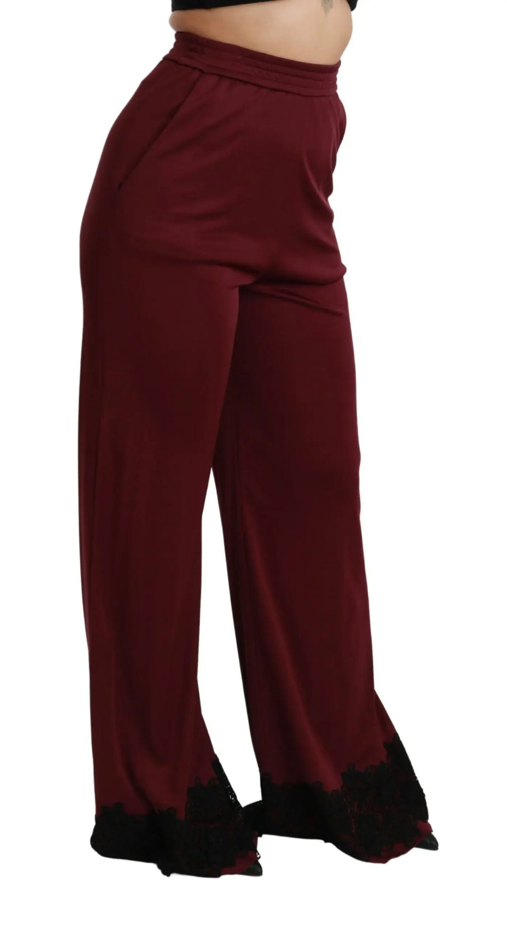 Dolce & Gabbana Black Lace High Waist Wide Leg Maroon Pants - Zeiniez