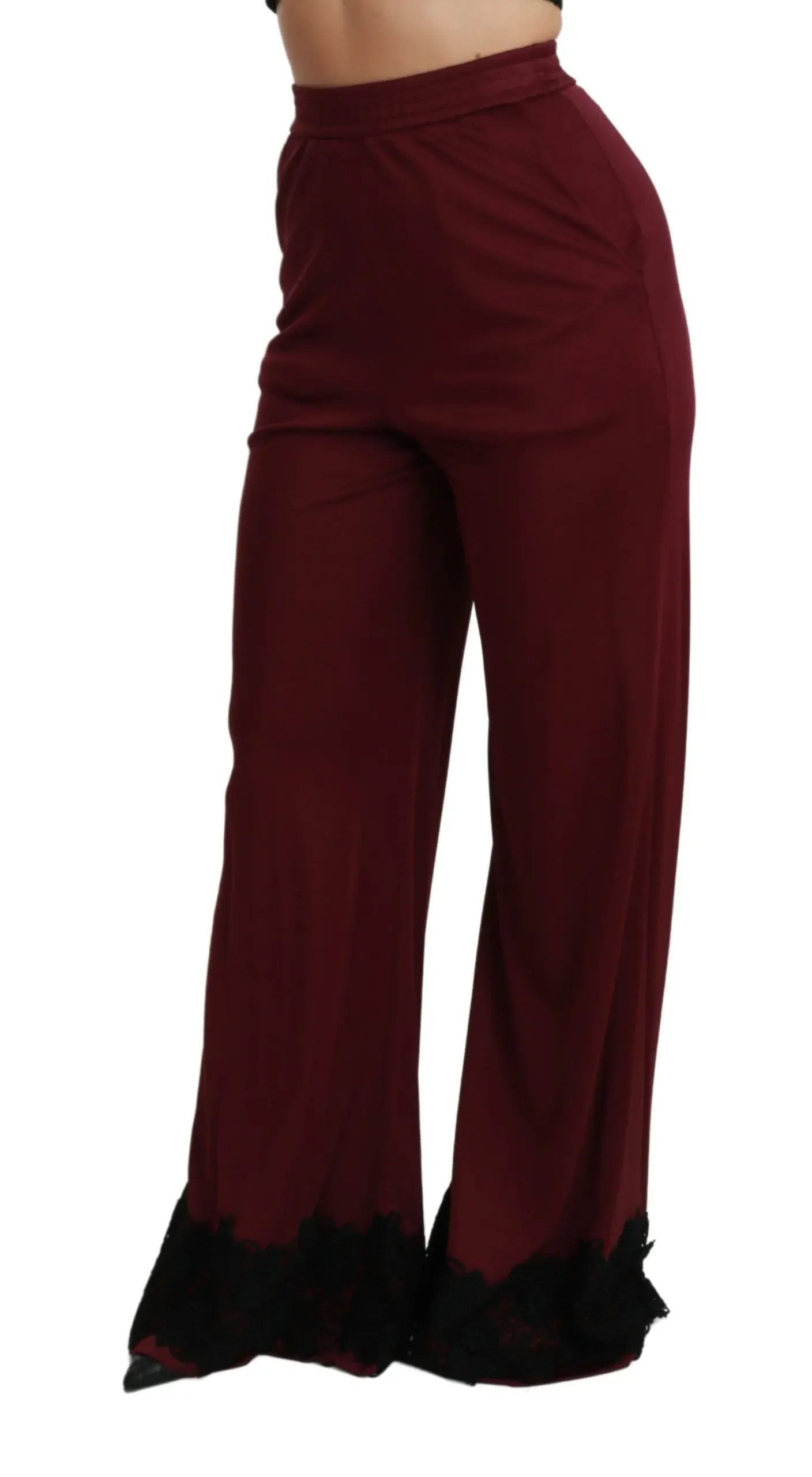 Dolce & Gabbana Black Lace High Waist Wide Leg Maroon Pants - Zeiniez