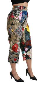 Dolce & Gabbana Silk Multicolor Print High Waist Cropped Pants - Zeiniez