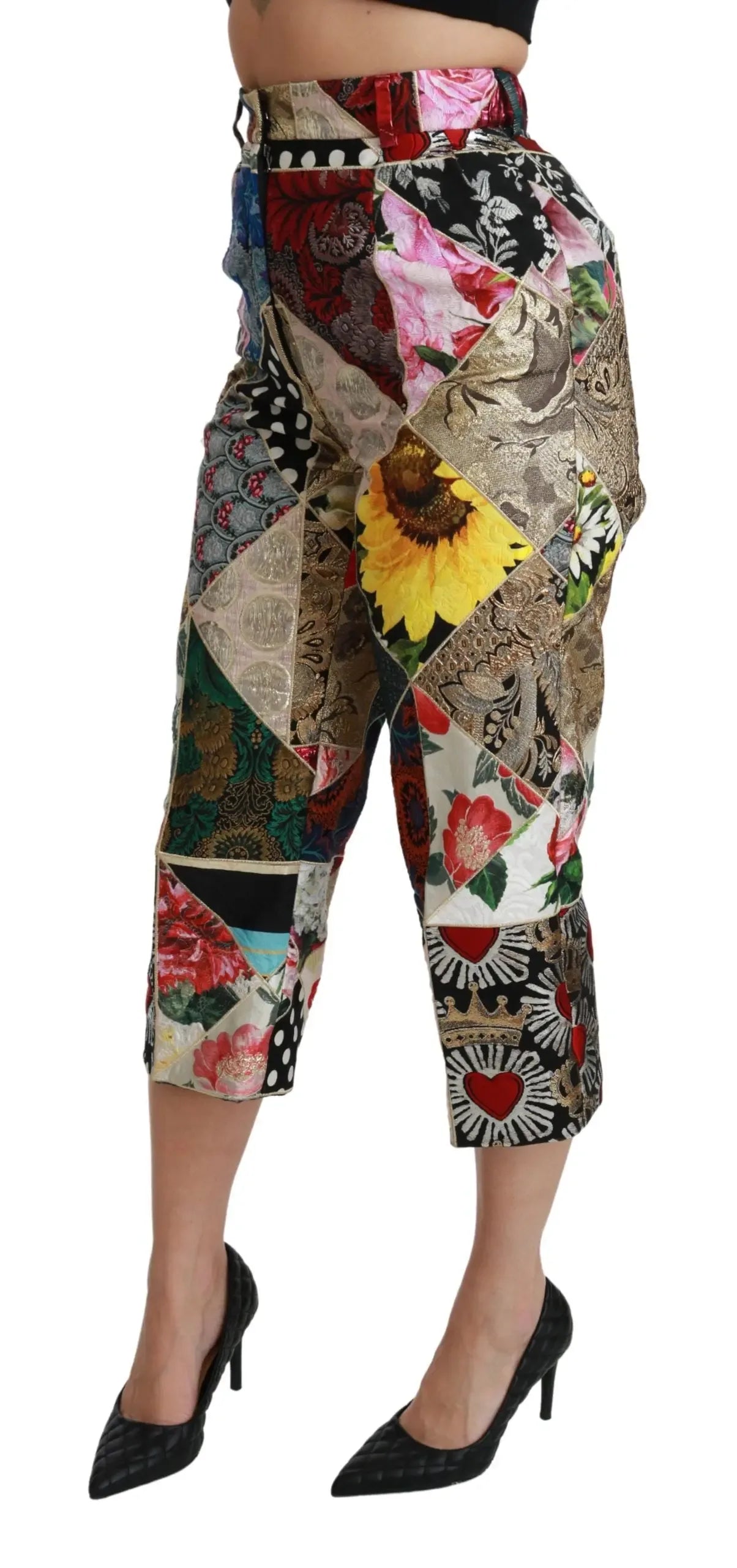 Dolce & Gabbana Silk Multicolor Print High Waist Cropped Pants - Zeiniez
