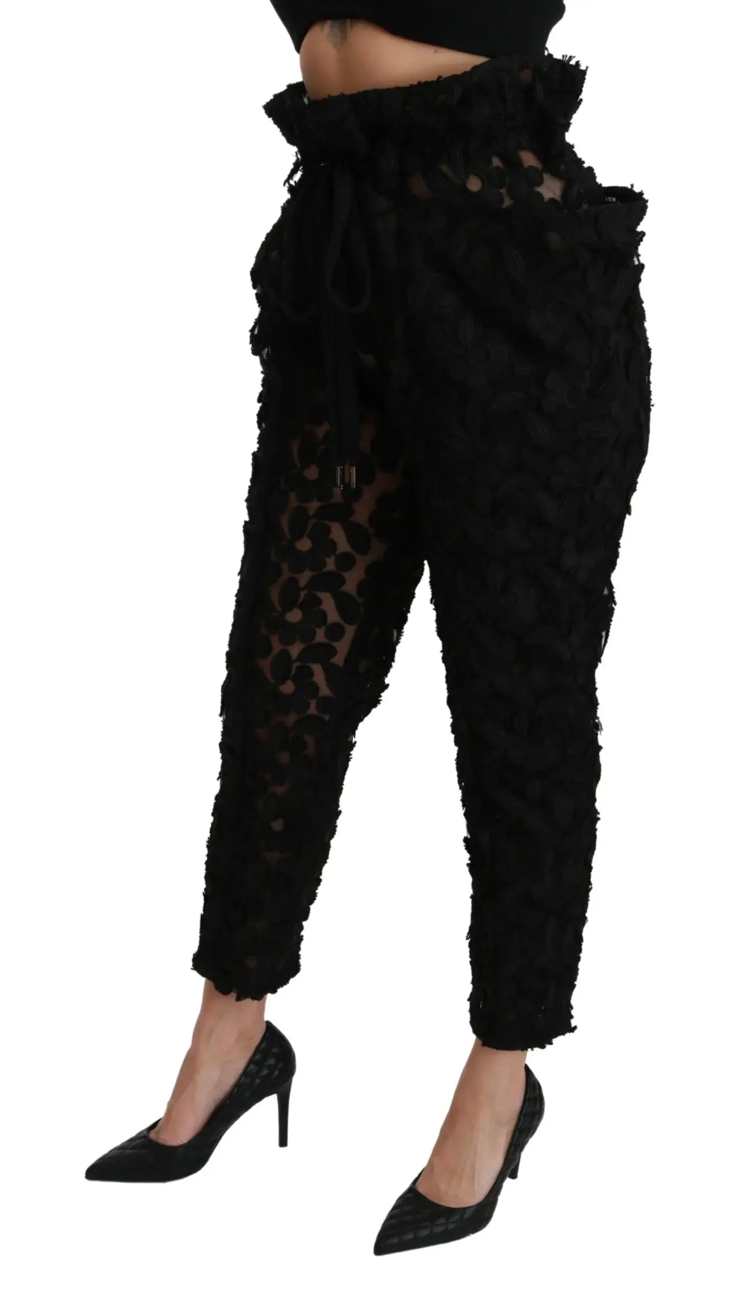 Dolce & Gabbana Black Floral Lace Tapered High Waist Pants - Zeiniez