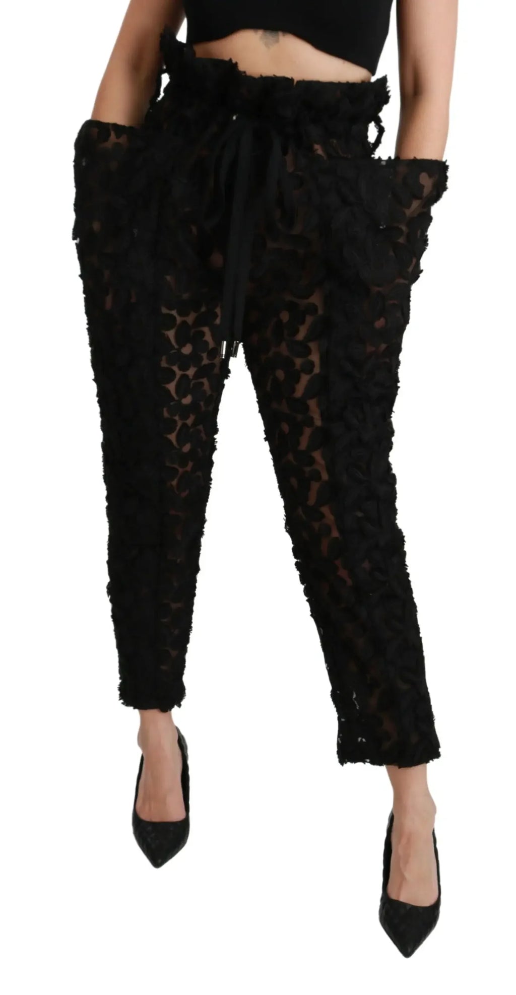 Dolce & Gabbana Black Floral Lace Tapered High Waist Pants - Zeiniez