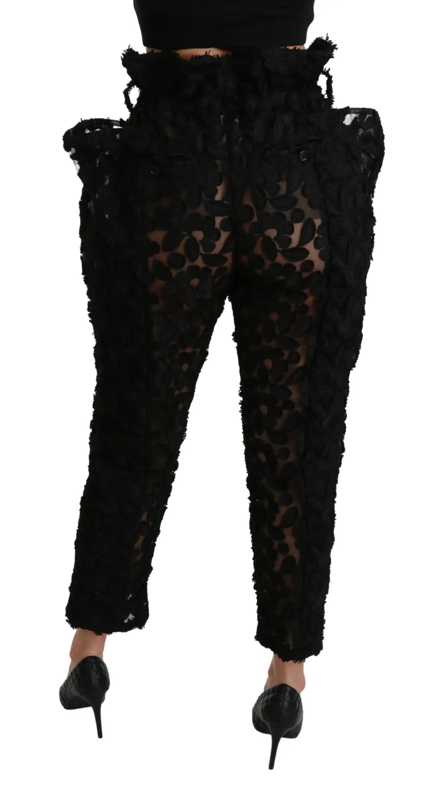 Dolce & Gabbana Black Floral Lace Tapered High Waist Pants - Zeiniez