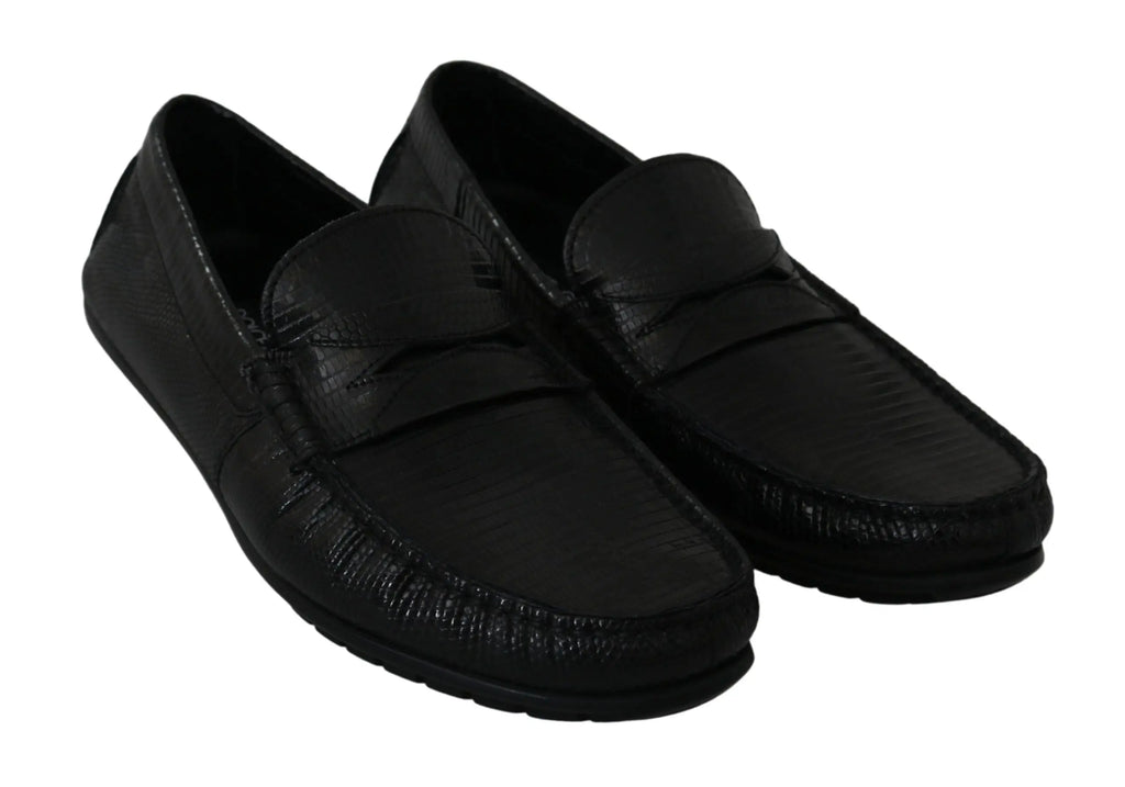 Dolce & Gabbana Black Lizard Leather Flat Loafers Shoes - Zeiniez