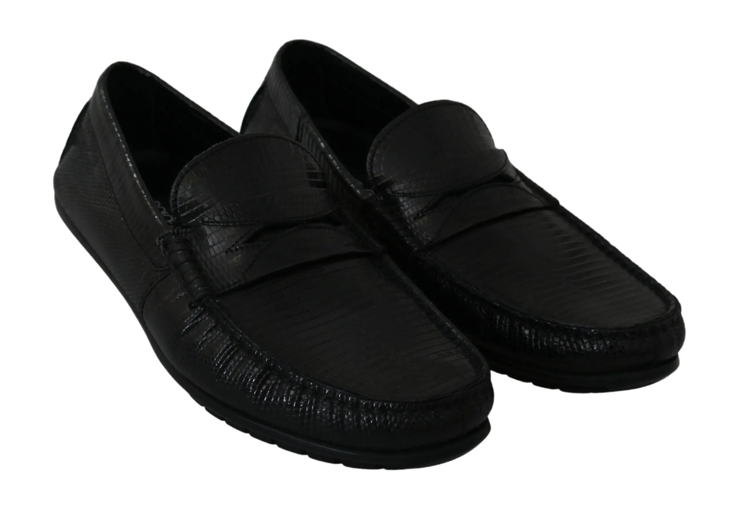 Dolce & Gabbana Black Lizard Leather Flat Loafers Shoes - Zeiniez