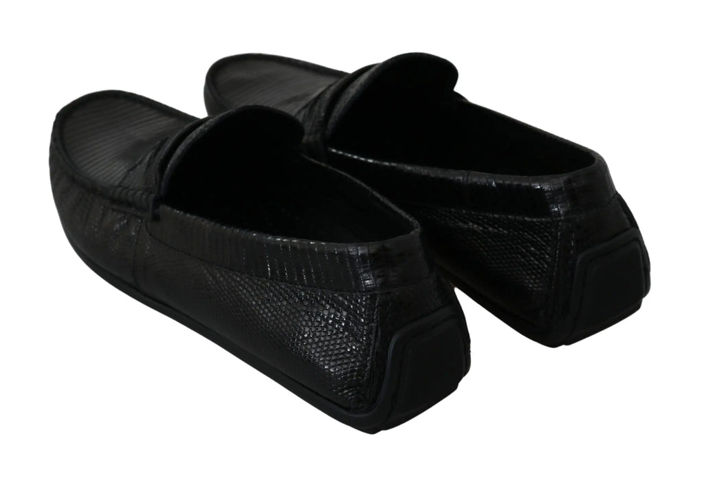 Dolce & Gabbana Black Lizard Leather Flat Loafers Shoes - Zeiniez
