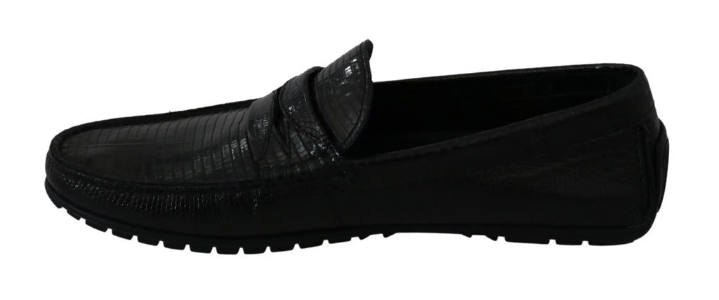 Dolce & Gabbana Black Lizard Leather Flat Loafers Shoes - Zeiniez