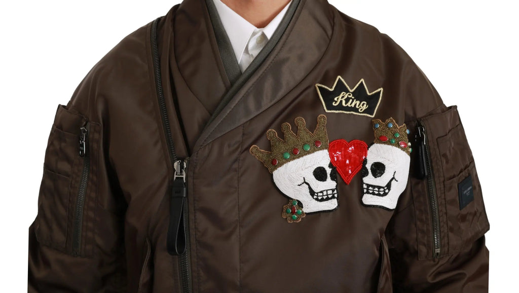 Dolce & Gabbana Brown Beaded Crown Skull Logo Jacket - Zeiniez