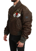 Dolce & Gabbana Brown Beaded Crown Skull Logo Jacket - Zeiniez