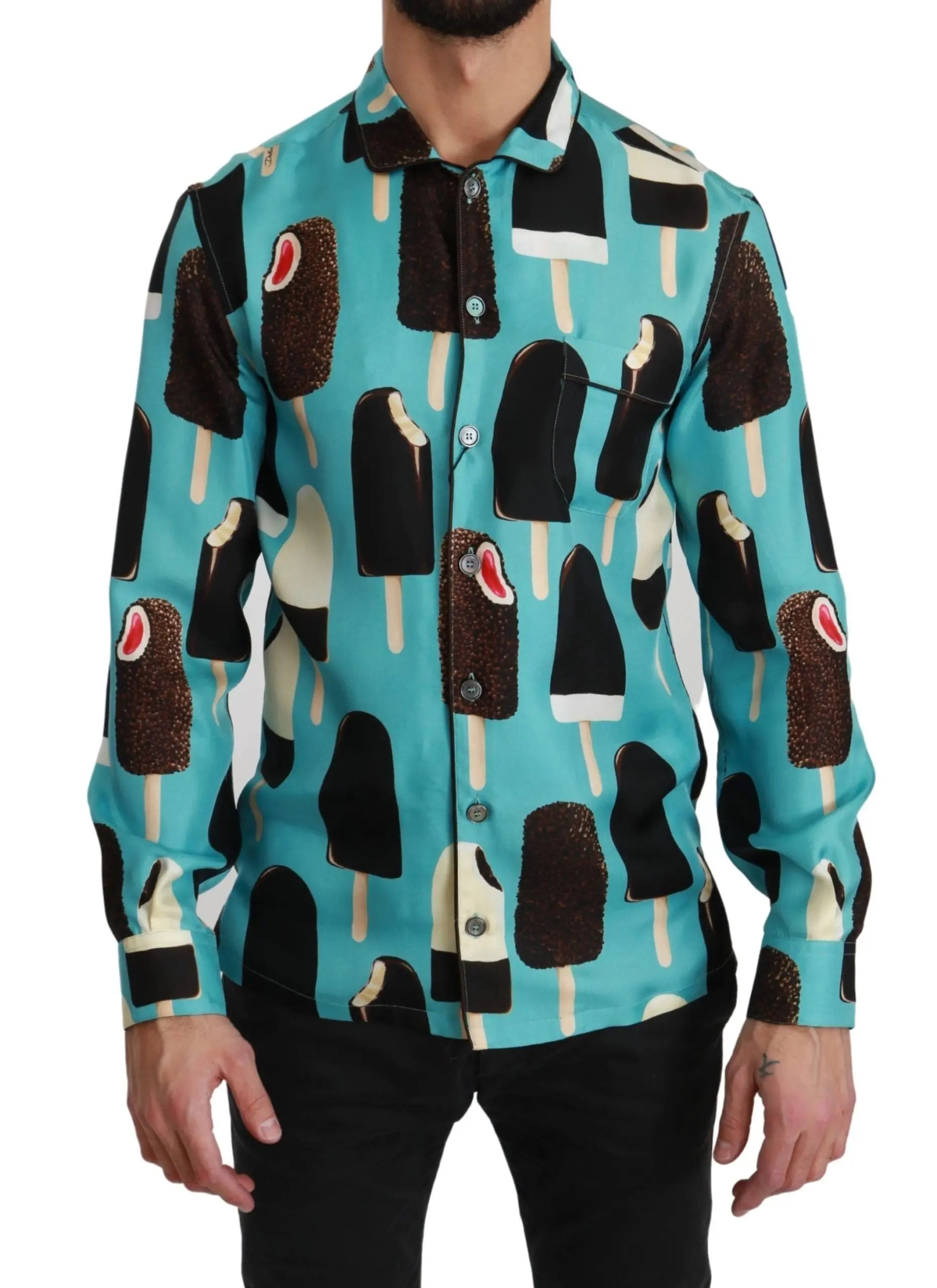 Dolce & Gabbana Blue Silk Ice Cream Print Casual Shirt - Zeiniez